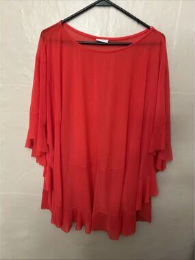 Blue Rodbeattie 1X Coral Knit Sheer Kimono Top With Ruffles